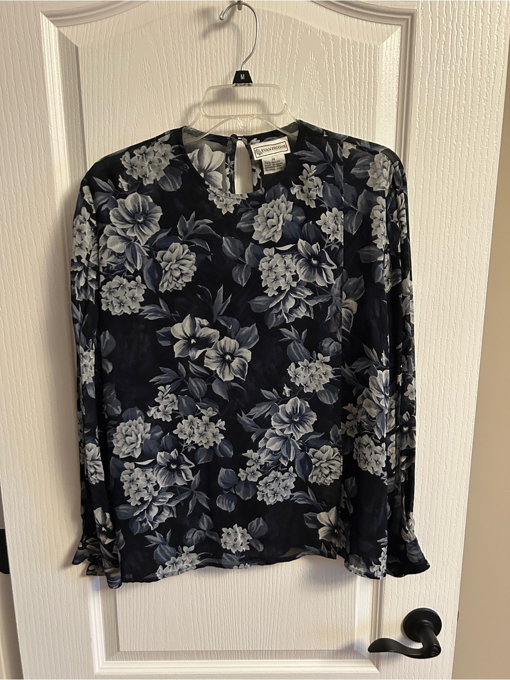 Evan Picone Navy and White Floral Long-Sleeve Blouse